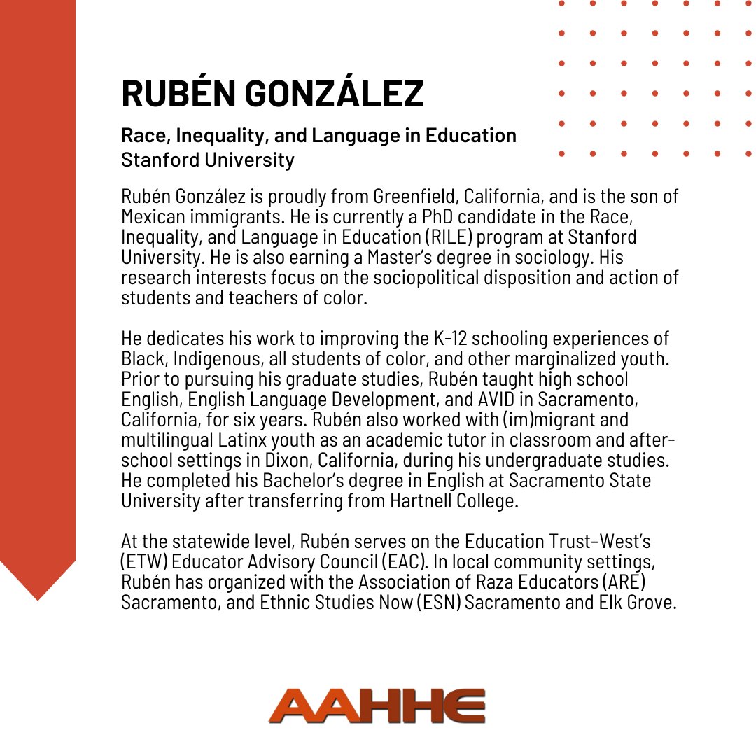 AAHHEorg's tweet photo. Please join us in congratulating Rubén González for being selected for the 2023 AAHHE Graduate Student Fellowship Program!
Learn more about this GSFP cohort at https://t.co/ThWSuoJtLz
#highereducation #AAHHE #professionaldevelopment https://t.co/fFbw3atuk3