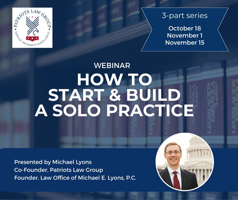 PatriotsLaw's tweet photo. Join Michael Lyons, co-founder of Patriots Law Group, a flourishing multi-state law practice for a FREE webinar series on starting and growing a solo practice.
https://t.co/3KzWIMRD0S https://t.co/BN9SGuUmRi