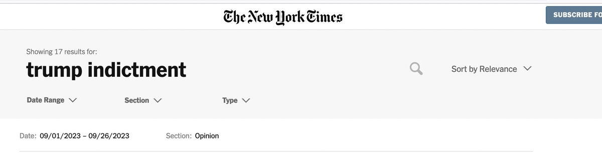 magi_jay's tweet image. From 9/1/23 to 9/26/23, The New York Times Opinion section published 17 articles that mentioned the words "Trump indictment." During that same period, the Opinion section ran 39 articles--more than twice as many--that included the words "Biden age."