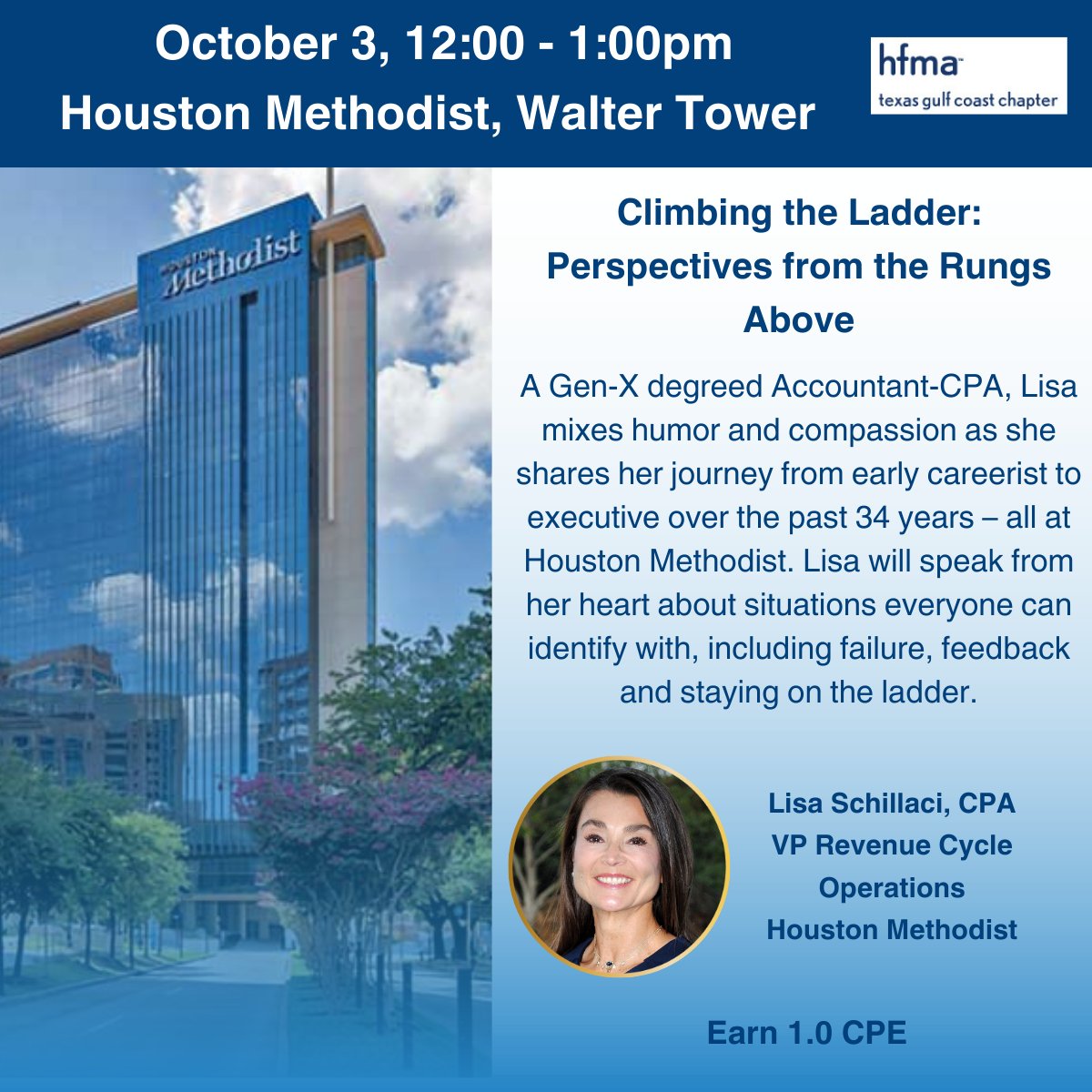 HFMATXGC1's tweet photo. Join us next week and earn 1.0 #CPE. Enjoy lunch hosted by our sponsor, Houston Methodist, while we listen to Lisa Schillaci discuss her professional journey. Learn more about all of our upcoming education here: https://t.co/yq1WffzcKw https://t.co/Vx4Wi5Q7Il