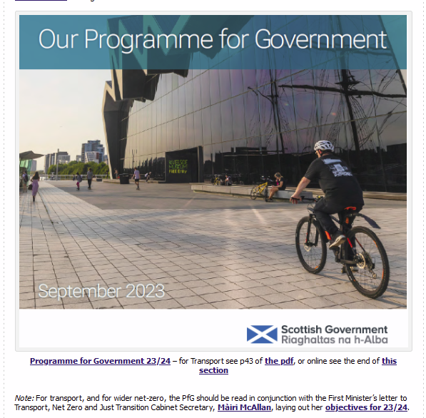 SpokesLothian's tweet photo. #ProgrammeForGovernment #Scotland 23/24

Two top issues..

🙄#TrafficReduction - little progress on the 20% car-km reduction 'commitment'
👍#ActiveTravel cash - the £320m promise remains superb, but how will it be used🤔

Our thoughts
-->https://t.co/ezIHbAu3Xm

@TransformScot https://t.co/iq7pTHFlsg