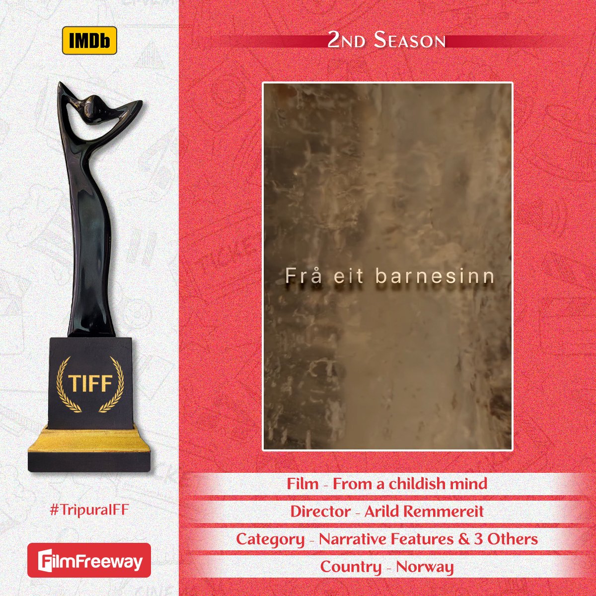 Recently submitted film "From a childish mind" directed by Arild Remmereit will compete in the Narrative Features &amp; 3 Other categories of the Tripura International Film Festival.

Submit your film/script/photographs via <a href="/FilmFreeway/">FilmFreeway</a> , link in our bio.

Thank you.
#TripuraIFF 🎬