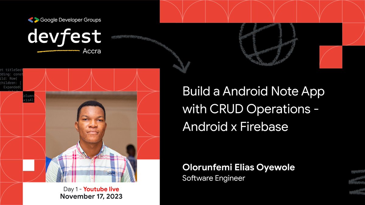 GDGAccra's tweet photo. 📣𝐃𝐀𝐘 𝟏: 𝐒𝐏𝐄𝐀𝐊𝐄𝐑 𝐀𝐍𝐍𝐎𝐔𝐍𝐂𝐄𝐌𝐄𝐍𝐓📣

We are delighted to announce that @Elias84770871 will be speaking at #DevFestAccra Day 1 virtual event via @YouTube Live on 17th Nov!🌍

Set reminders 🗓: https://t.co/zsRumF0Ci1
Stay tuned for more exciting updates! https://t.co/TNnNKsgndF