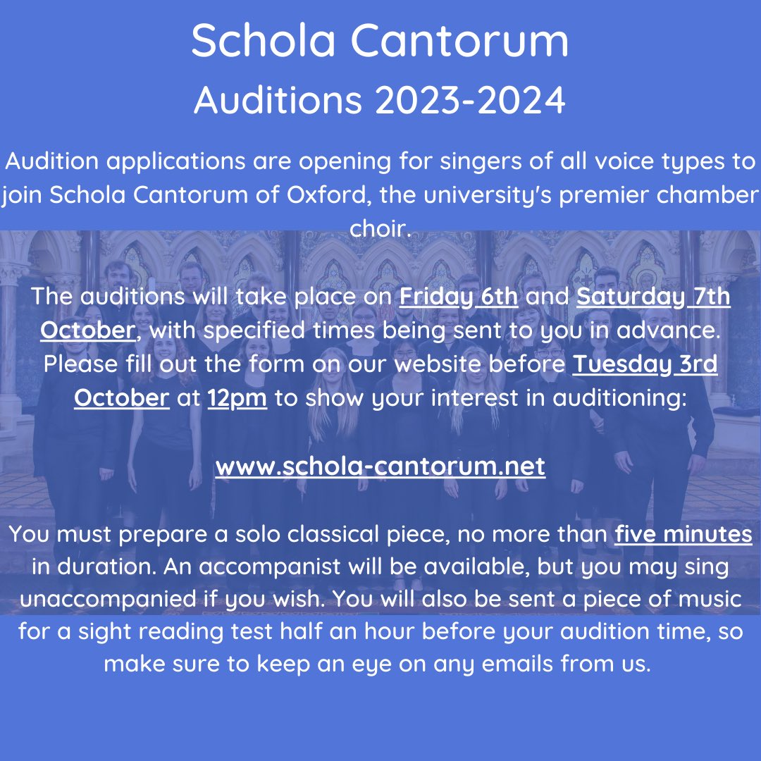 ScholaOxford's tweet image. New year, new singing opportunities!

Our auditions are up and active and we want to hear from you!

Fill in the form on our website to register your interest in auditioning this academic year! We look forward to hearing from you!

schola-cantorum.net