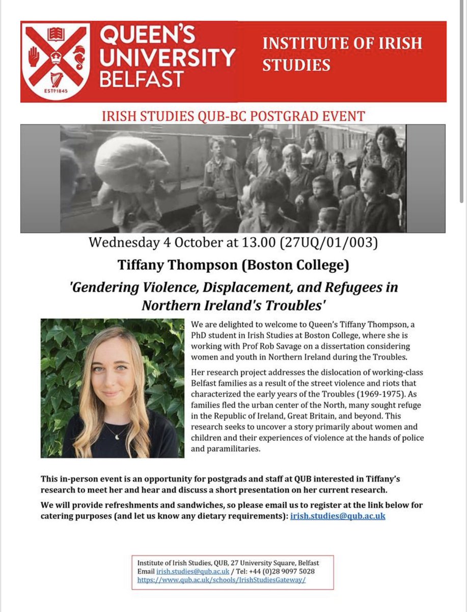 Really looking forward to this event with the lovely ⁦<a href="/tiff__thompson/">Tiffany Thompson (she/her)</a>⁩ and ⁦@IrishStudiesQUB⁩! Her research sounds so interesting and I can’t wait to hear more about it!