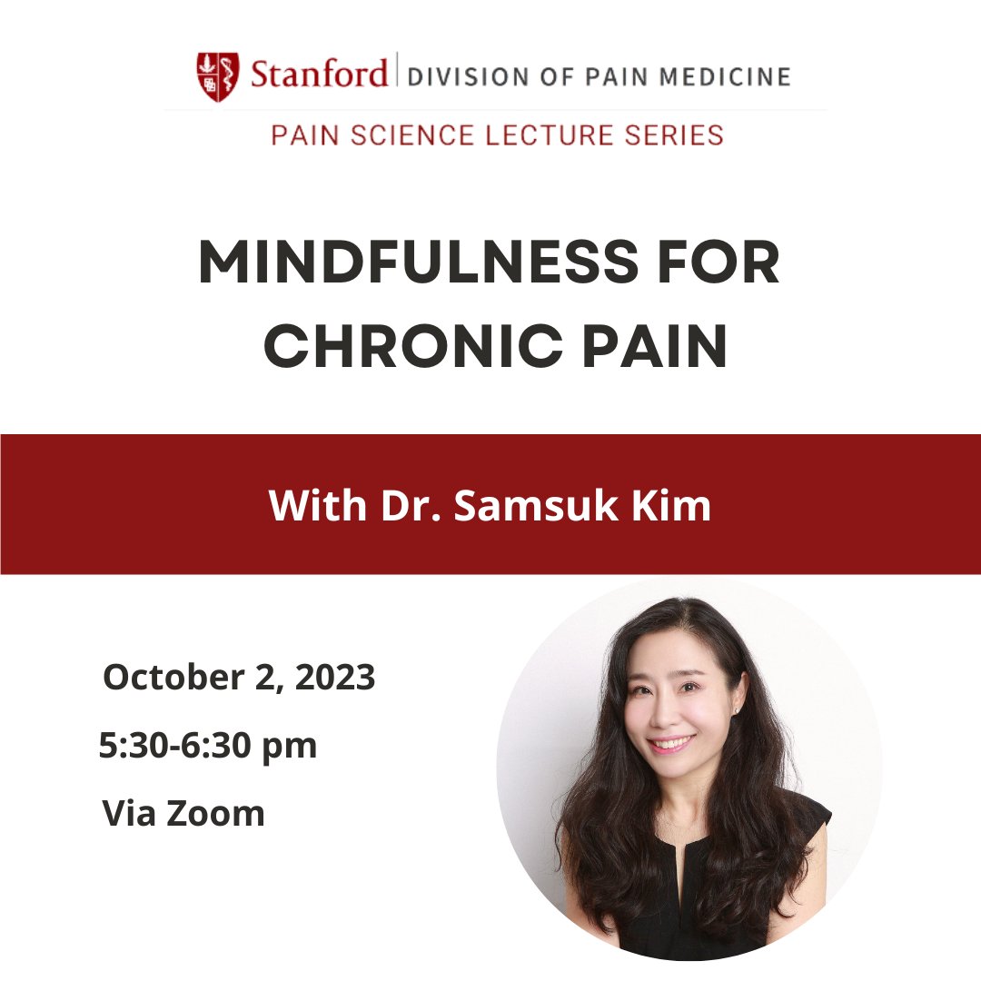 StanfordPain's tweet photo. Reminder, the #PainScienceLectureSeries with Dr. Sam Kim is Monday, October 2nd 5:30-6:30 pm PT. Join us and register for the 'Pain Science Lecture Series' by registering here: 

https://t.co/rLZmZESj4O https://t.co/CEgmJ0oejN