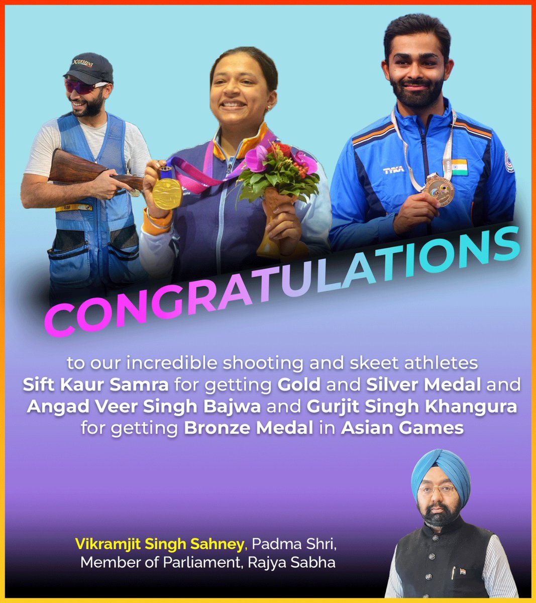 vikramsahney's tweet photo. Congratulations to our incredible shooting and skeet athletes #SiftKaur Samra for getting gold and silver medal and #AngadVeerSinghBajwa and #GurjitSinghKhangura for getting bronze medal with their outstanding performances at the Asian Games!
Your precision and skill have brought glory to our nation. Keep aiming for the stars and inspiring us all #AsianGames #Shooting #Skeet #GoldMedal