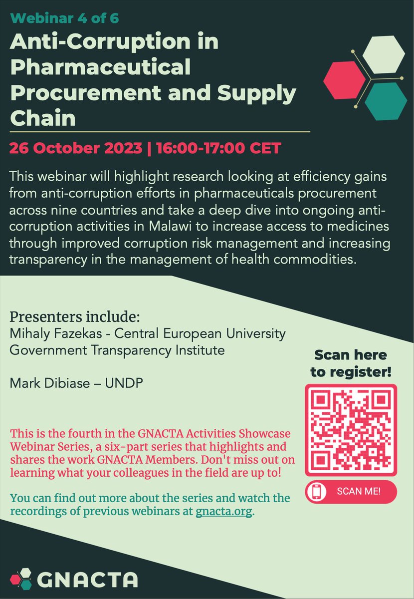 REGISTER NOW! The 4th #GNACTA Activities Showcase Series webinar will be held on 26 October 16:00-17:00 CET. It will focus on #anticorruption in #pharmaceutical #procurement and #supplychain. Register here or use the QR code on the flyer: shorturl.at/iqtHQ