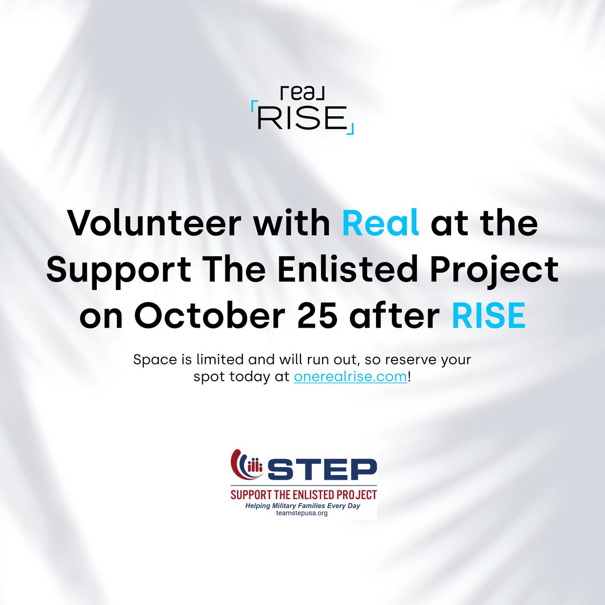 Join us for a volunteer opportunity with the Support The Enlisted Project (STEP) on Wednesday, Oct. 25 from 8:15 am to 12:30 pm

Register here: bit.ly/3RJiIxc

More info: bit.ly/3EV0H7z

@teamstepusa #RISE2023 #realbroker #therealbrokerage #workhardbekind $REAX
