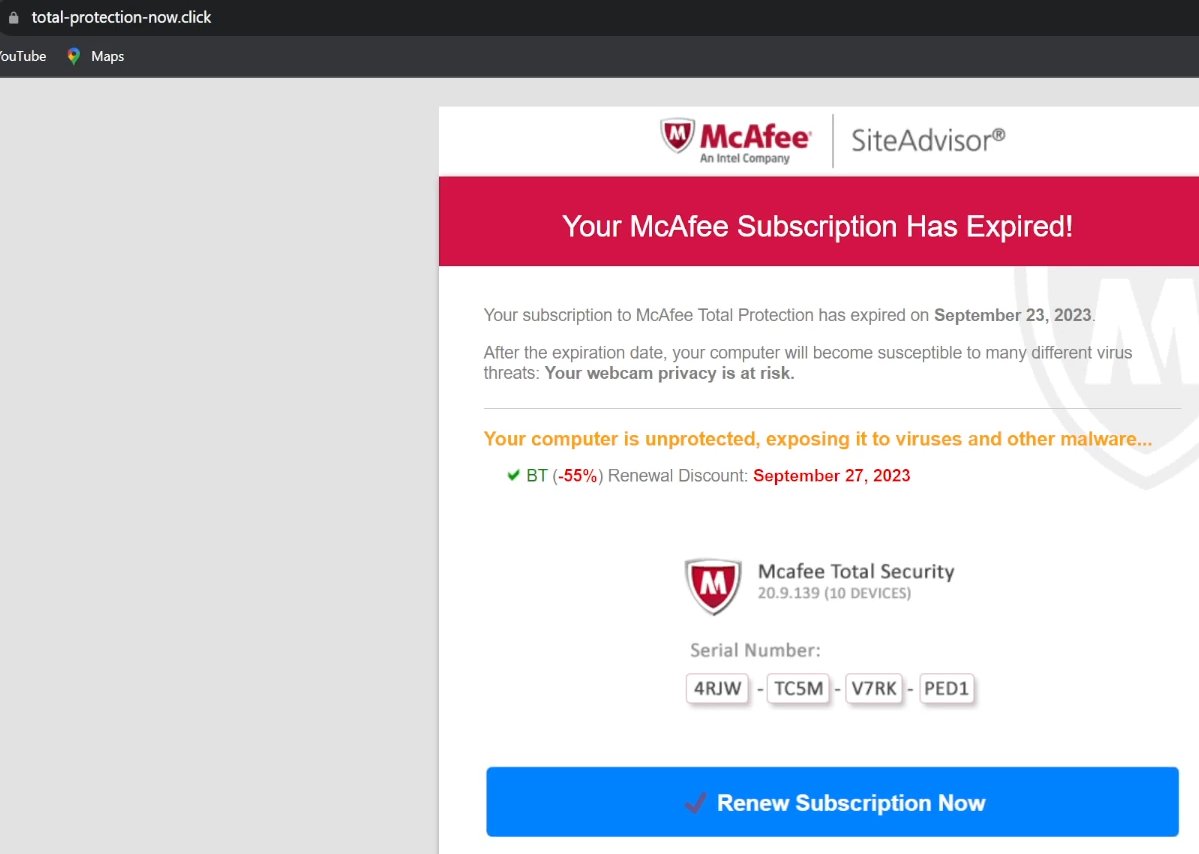I hope <a href="/McAfee/">McAfee</a> can ban "affiliates" for misleading advertising like this. My Subscription hasn't expired and my computer is not "unprotected" like your misleading advert claims.
I know you'll blame the affiliate (affid=1494), but perhaps you could name and shame this affiliate?