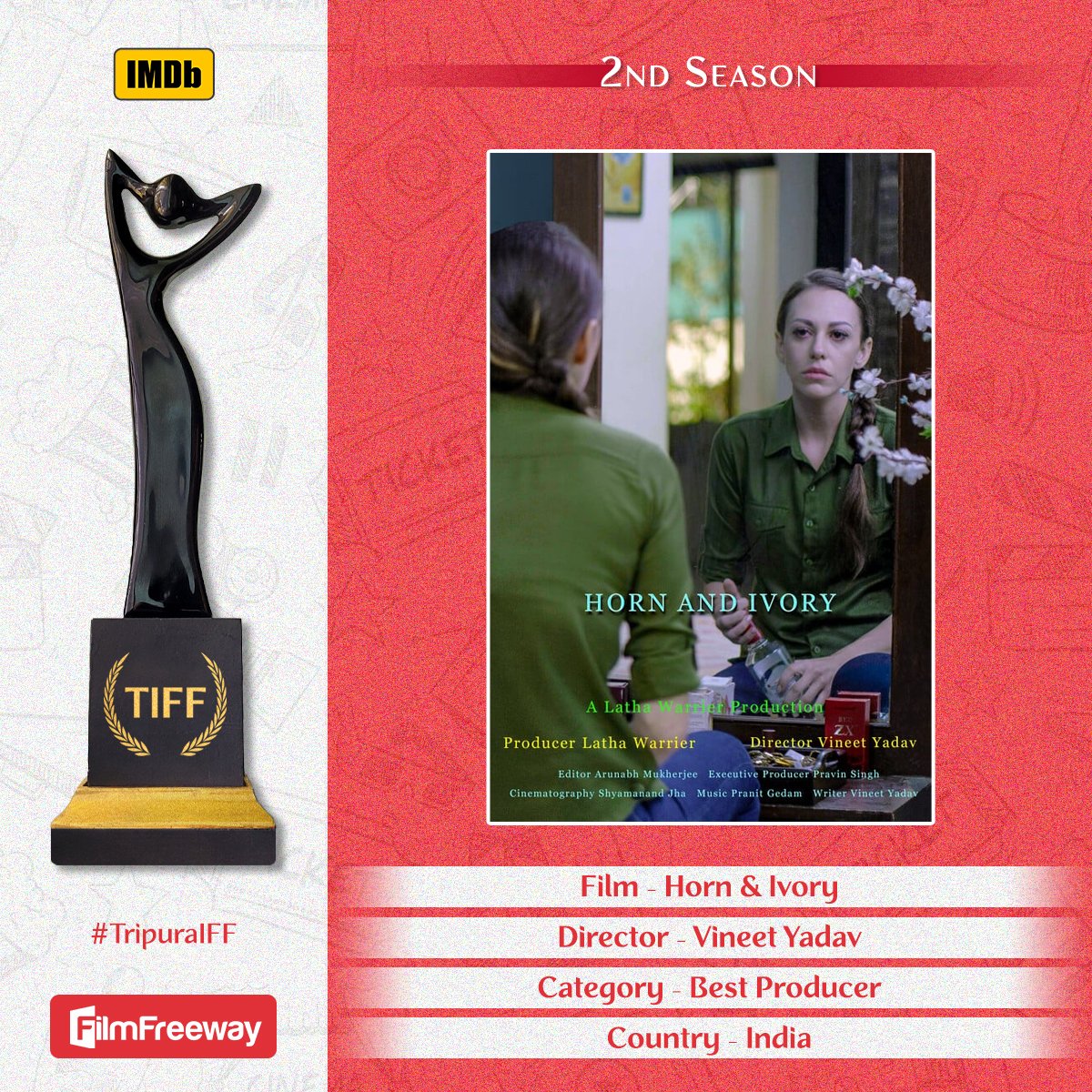 Recently submitted film "Horn &amp; Ivory" directed by Vineet Yadav will compete in the Best Producer category of the Tripura International Film Festival.

Submit your film/script/photographs via <a href="/FilmFreeway/">FilmFreeway</a> , link in our bio.

Thank you. Good luck.
#TripuraIFF 🎬