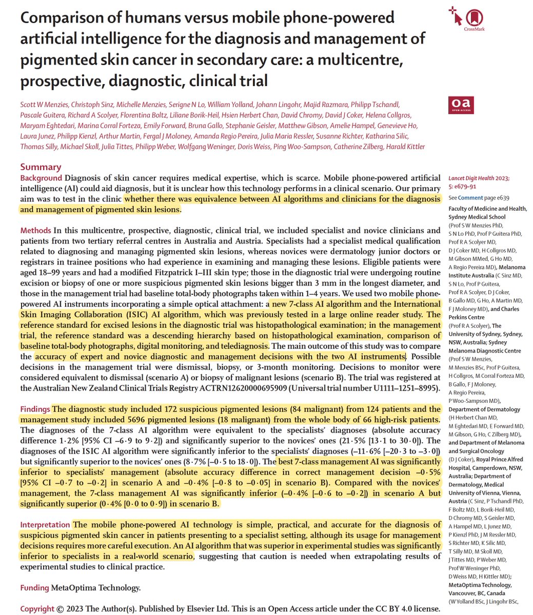 "An #AI [skin cancer] algorithm that was superior in experimental studies was significantly inferior to specialists in a real-world scenario"
thelancet.com/journals/landi… <a href="/LancetDigitalH/">The Lancet Digital Health</a>