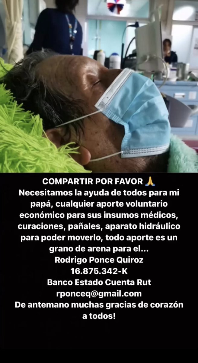 choconinochile's tweet photo. Necesitamos la ayuda de todos para mi papá, cualquier aporte voluntario económico para sus insumos médicos, curaciones, pañales, todo aporte es un grano de arena para el…
Rodrigo Ponce Quiroz 16.875.342-K
Banco Estado Cuenta Rut
rponceq@gmail.com 
Muchas gracias de❤️ RT #Chile https://t.co/1RwLspmrLl