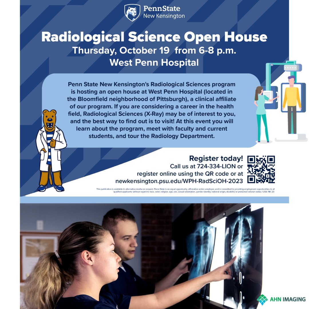 Come check out Penn State New Kensington’s Radiological Sciences open house at West Penn Hospital on October 19th. #AHNImaging @AHNToday @AHNRadRes @PSNKStudentLife @PSNKAdmissions #WestPennHospital #Healthcare #Radiology #pennstatenewkensington @CarlTutak