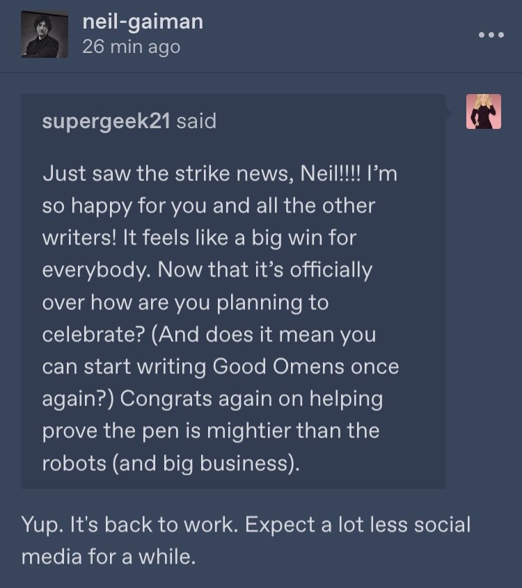 Neil can start writing again 🤩

#GoodOmens #GoodOmens2 #GoodOmens3 

🔗: tumblr.com/neil-gaiman/72…
🔗: tumblr.com/neil-gaiman/72…