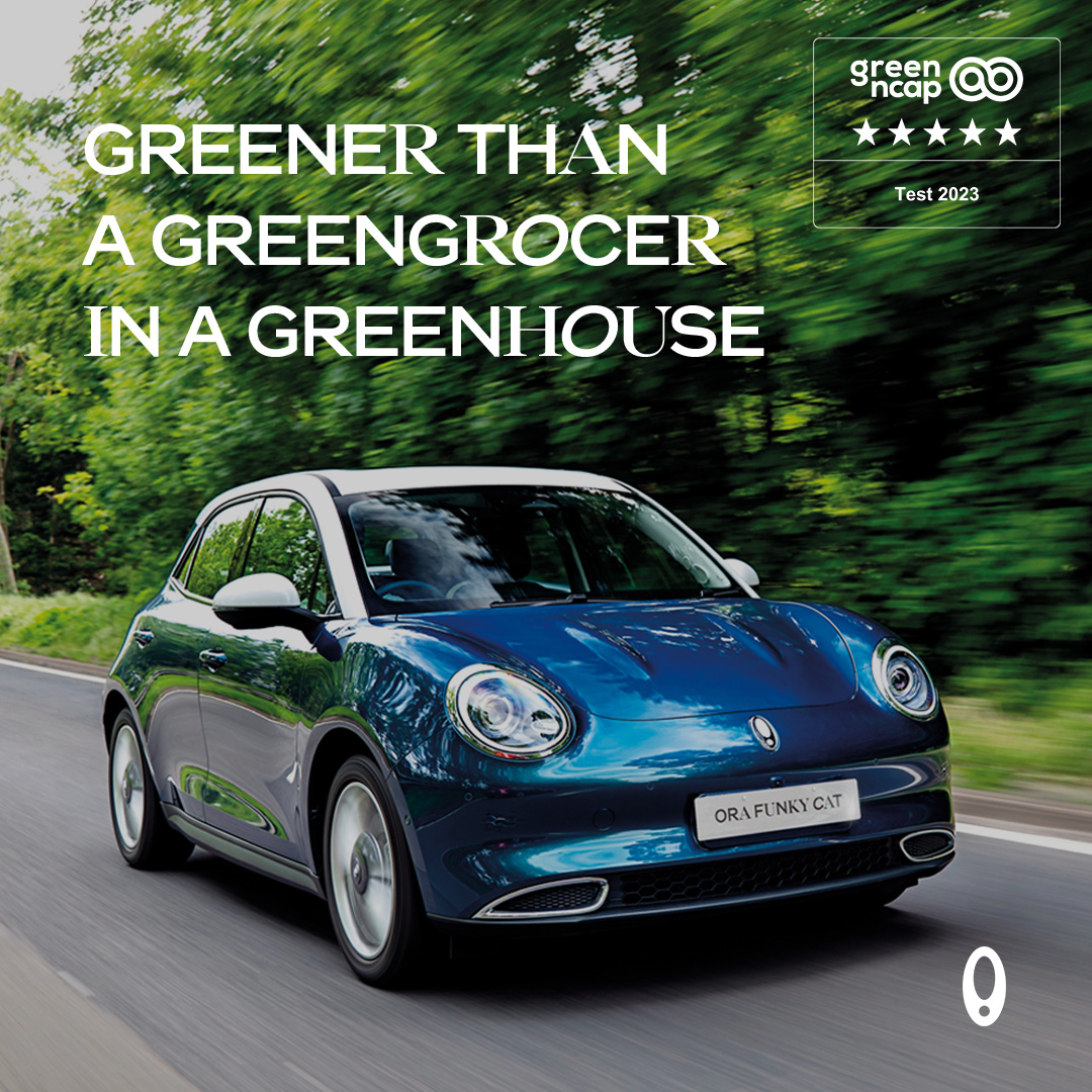 GWM_UK's tweet photo. We're so excited to announce that the ORA Funky Cat has recently achieved a fantastic 5 star rating from @GreenNCAP! 

The ORA Funky Cat passed with flying colours, scoring a spectacular 97%🙌🏽
Here's a more sustainable future 🌍🌱

#gwmora  #greenncap #EV #sustainablefuture https://t.co/fkx7E8Zrsz