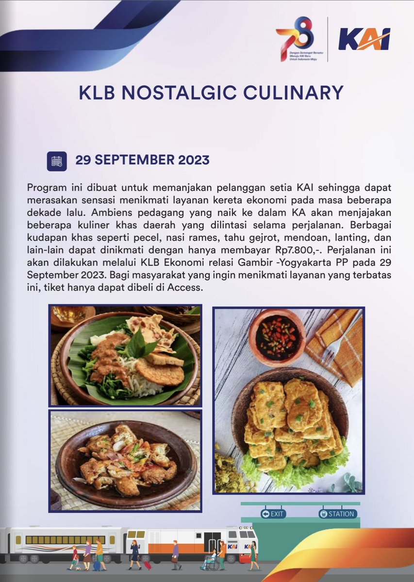 sahabat_kereta's tweet photo. KAI mengoperasikan kereta KLB Nostalgic Culinary rute Gambir - Yogya kelas ekonomi seat 2-2 tanggal 29 Sept 2023 &amp; Yogya - Gambir 30 Sept 2023 mengajak penumpang merasakan sensasi kuliner &amp; camilan era dulu yang dijajakan oleh asongan hanya membayar Rp. 7.800

Tertarik mencoba? https://t.co/t5lCdCAqEe