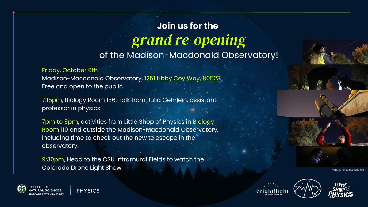CSUNaturalSci's tweet photo. Unsure what to do next Friday evening?

What could be better than new telescopes, @CSULSOP physics demos and a drone light show to cap off the evening? 

Join us for the grand re-opening of the Madison-Macdonald Observatory (@CSUskies) on Friday Oct 8th! https://t.co/hupVSLSkRE