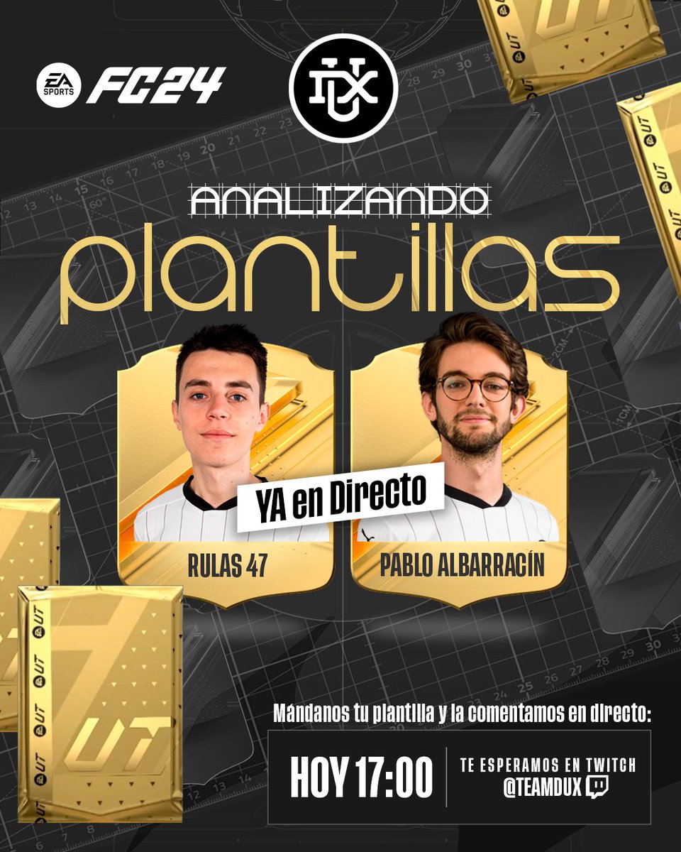 DUX Gaming (@teamduxgaming) on Twitter photo ANALIZANDO PLANTILLAS
¿Quieres que <a href="/pabloalbarra_/">Pablo Albarracín</a> y <a href="/Rulasss47/">Tulas47</a> te analicen la plantilla en directo?
Sólo tienes que:
➡️ Dar RT
➡️ Seguir a <a href="/TeamDUXGaming/">DUX Gaming</a>
➡️ Dejar la plantilla en comentarios
Análisis en Twitch🟣 ANALIZANDO PLANTILLAS
¿Quieres que <a href="/pabloalbarra_/">Pablo Albarracín</a> y <a href="/Rulasss47/">Tulas47</a> te analicen la plantilla en directo?
Sólo tienes que:
➡️ Dar RT
➡️ Seguir a <a href="/TeamDUXGaming/">DUX Gaming</a>
➡️ Dejar la plantilla en comentarios
Análisis en Twitch🟣