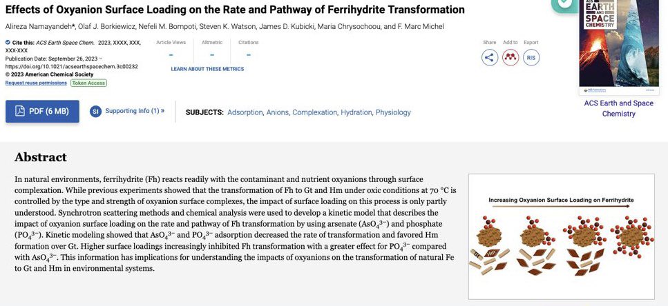 ali_namayandeh's tweet photo. “#Paper_Alert” just published @ACSEarthSpace.
We showed how #oxyanions control the transformation of #ferrihydrite by dehydrating the surface.
Here is the link to the paper.
https://t.co/YXw8bD7Vmk
@vtgeosciences @VT_Science @StanfordSoils https://t.co/tGOiJ0M1US
