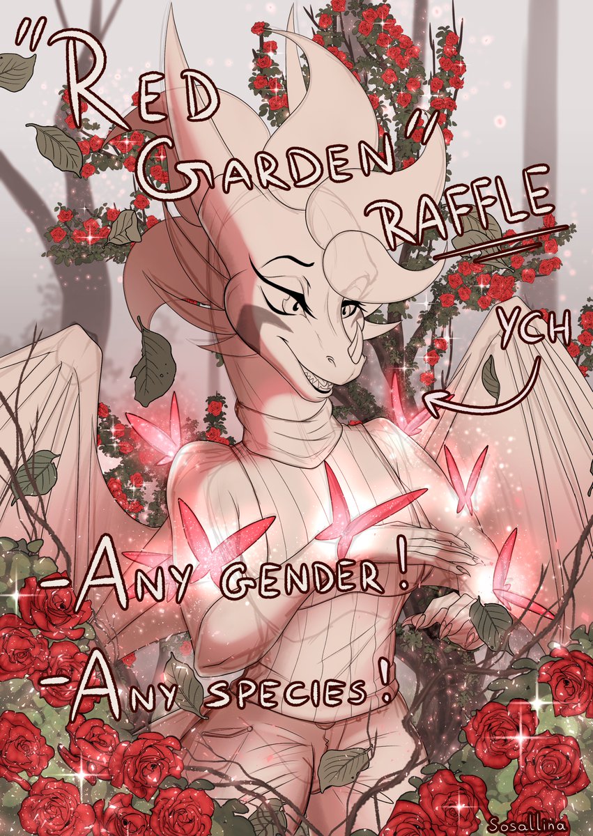 Sosallina's tweet photo. 🌹 RAFFLE 🌹

"Red Garden" YCH! Explore the ever blooming garden. Fully shaded OC, any gender and species!

RULES:
- Follow &amp; RT to enter
- Post SFW ref (optional)
- No raffle accounts

Ends October 4th (3PM CEST)! https://t.co/i4atFWIN0t