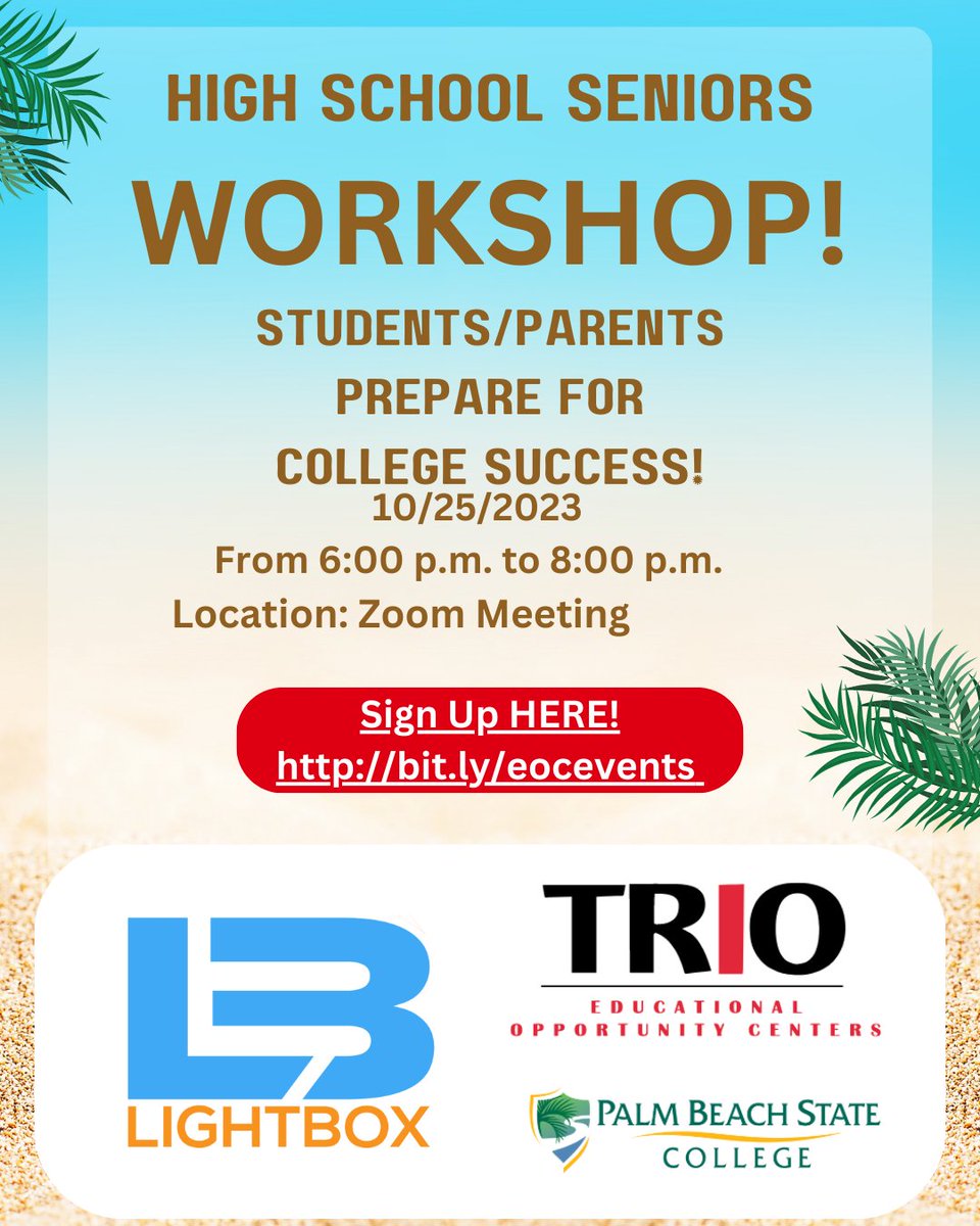 High School Seniors!

Join TRiO for our College Success Workshop on 10/25/23 on Zoom!

Go to bit.ly/eocevents to register!
