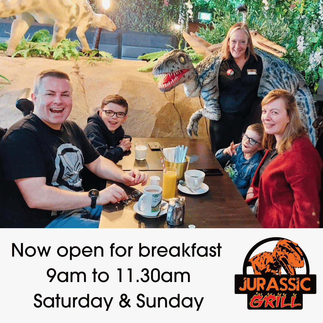 lochlomondshore's tweet photo. Just because it's the most important meal of the day, doesn't mean breakfast can't be fun! Jurassic Grill is now open from 9am to 11.30am for breakfast on Saturdays and Sundays so the whole family can enjoy a hearty breakfast and have a roaring good time! #dinodining #lochlomond https://t.co/zvz6AMOlbV