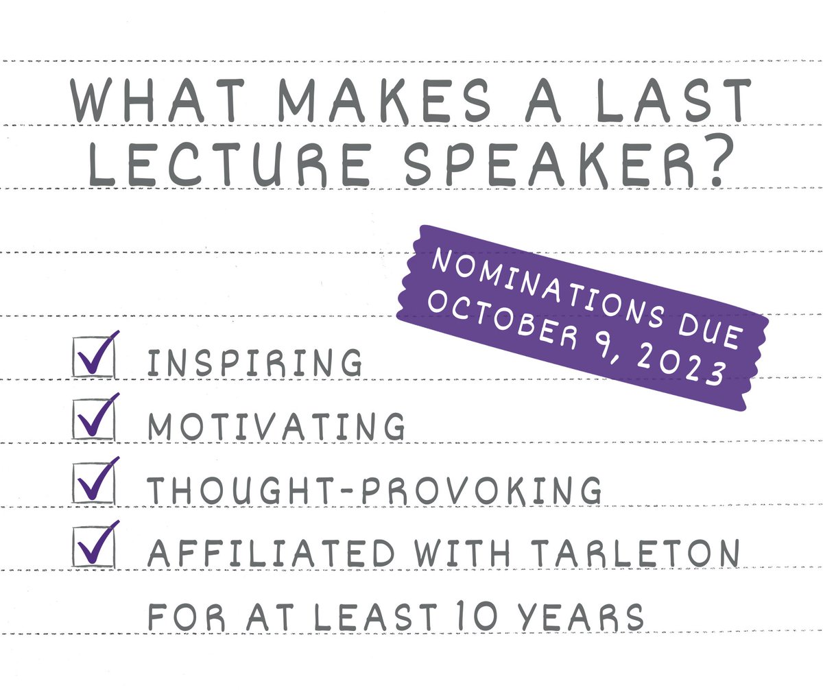 TarletonCEE's tweet photo. Who will be our 2024 Last Lecture speaker? Tarleton students, employees, alums, & members of our surrounding communities are invited to submit nominations through Oct. 9th! https://t.co/X5o1QXIexX #tarletonstate #tarletonfaculty #lastlecture #tarletonalum https://t.co/YfvGL56wDa