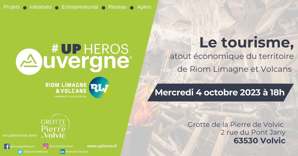 RLV_agglo's tweet photo. #Rencontres | J-7 ! 🥂💬🎙 Rendez-vous mercredi 4 octobre pour le 2nd #UpHeros du territoire spécial "Tourisme" organisé par @RLV_agglo et @AuvergneMarque à la Grotte de la Pierre à Volvic 👍
Pour s'inscrire 👉 https://t.co/tfxB9b677q https://t.co/AXUyc7y2hY