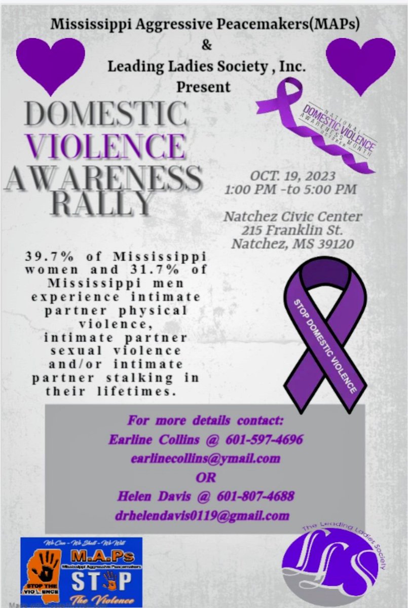ACSONatchez1's tweet photo. Mississippi Aggressive Peacemakers (MAPS) and Leading Ladies Society, Inc. Presents...

Domestic Violence Awareness Rally
October 19, 2023 1:00 PM - 5 PM

Natchez Civic Center
215 Franklin Street
Natchez, Mississippi 39120

See the flyer for more information! https://t.co/VtxBea7xlL