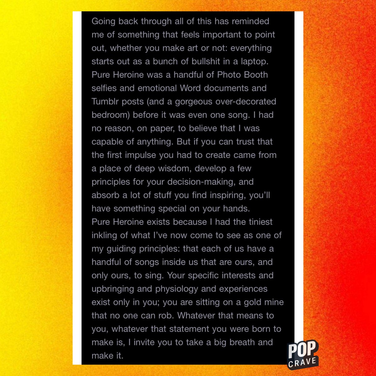 PopCrave's tweet photo. Lorde celebrates ‘Pure Heroine’ turning 10 in new email:

“‘Pure Heroine’ exists because I had the tiniest inkling of what I’ve now come to see as one of my guiding principles: that each of us have a handful of songs inside us that are ours, and only ours, to sing.” https://t.co/9di3SunVPS