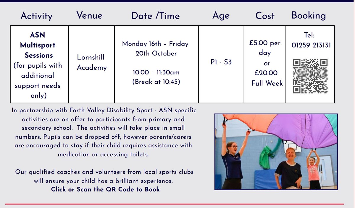 |ASN OCTOBER CAMPS|

We still have spaces available for our ASN October camps!

We have some exciting sports booked in including martial arts, racquet sports and gymnastics! 

Book now to secure your space!

leisure.clacks.gov.uk/scuba6/stellar…