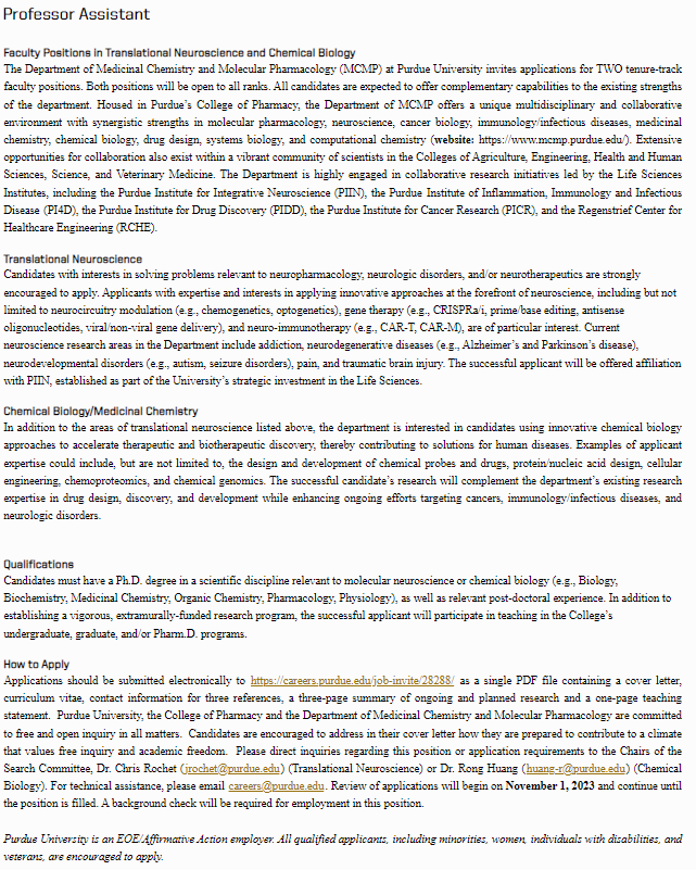 @Purdue_MCMP is hiring for Faculty Positions in Translational Neuroscience and Chemical Biology careers.purdue.edu/job-invite/282…