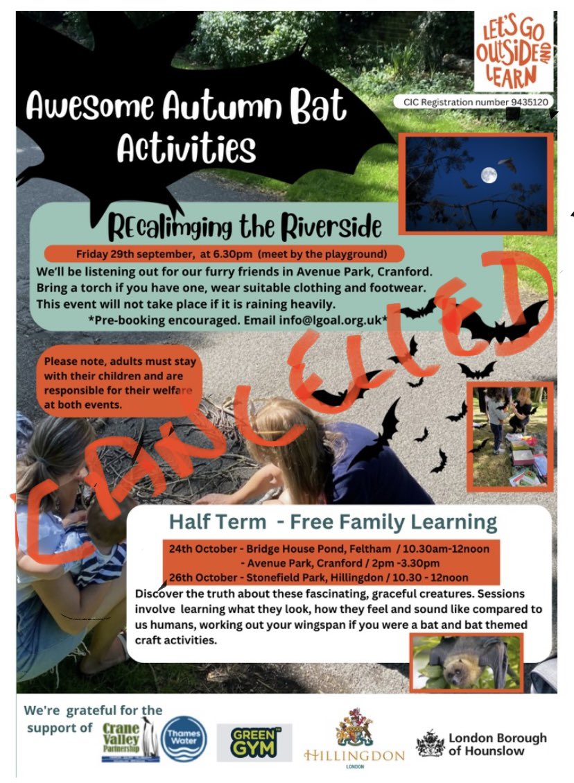The bat walk scheduled for this Friday has been cancelled due to unforeseen circumstances <a href="/CranfordAction/">Umme</a> <a href="/CVP_CraneValley/">Crane Valley Partnership</a> <a href="/CranfordReside1/">Cranford Residents</a> <a href="/LBofHounslow/">Hounslow Council</a> <a href="/HestonActionG/">Heston Action Group</a> <a href="/hestonwestcp/">Heston West BigLocal</a> <a href="/hestonlearning/">hestonlearningcentre</a> <a href="/hounslowrotary/">Hounslow Rotary Club</a> <a href="/RichmondTCV/">TCV West London</a> <a href="/habsandheritage/">Habitats & Heritage</a> <a href="/FriendsRivCrane/">FORCE</a>