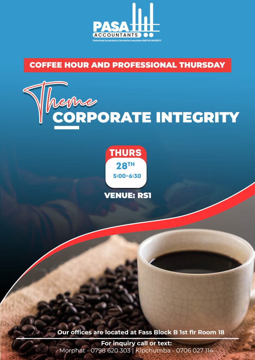 NjoroPasa's tweet photo. tomorrow we shall be having a candid conversation on corporate integrity 🔥 aiming at building up a future of young professionals who uphold to the right values. See you then 
#professionalthursday https://t.co/rD5qQzSnbv