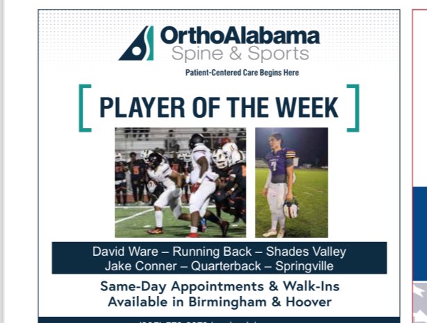 Co-Players of the week: <a href="/jake7conner/">Jake Conner</a> of <a href="/SpringvilleFB/">Springville High School Football</a> <a href="/DavidAshodWare/">David Ware</a> of <a href="/ShadesValleyFB/">Shades Valley Football</a>