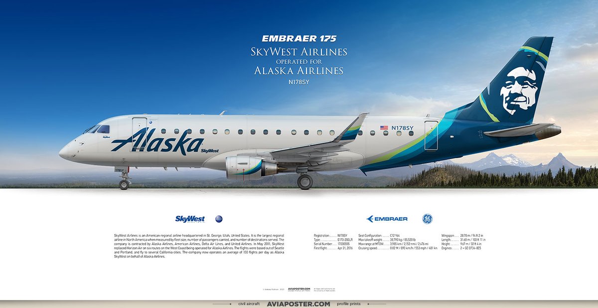 Embraer 175 SkyWest Airlines
operated for Alaska Airlines

Registration: N178SY
Type: E170-200LR
Engines: 2 × GE CF34-8E5
Serial Number: 17000555
First flight: Apr 21, 2016

Poster for Aviators.
aviaposter.com
#aircraft #pilots #ejets #regionaljet #embraerpilot #E175