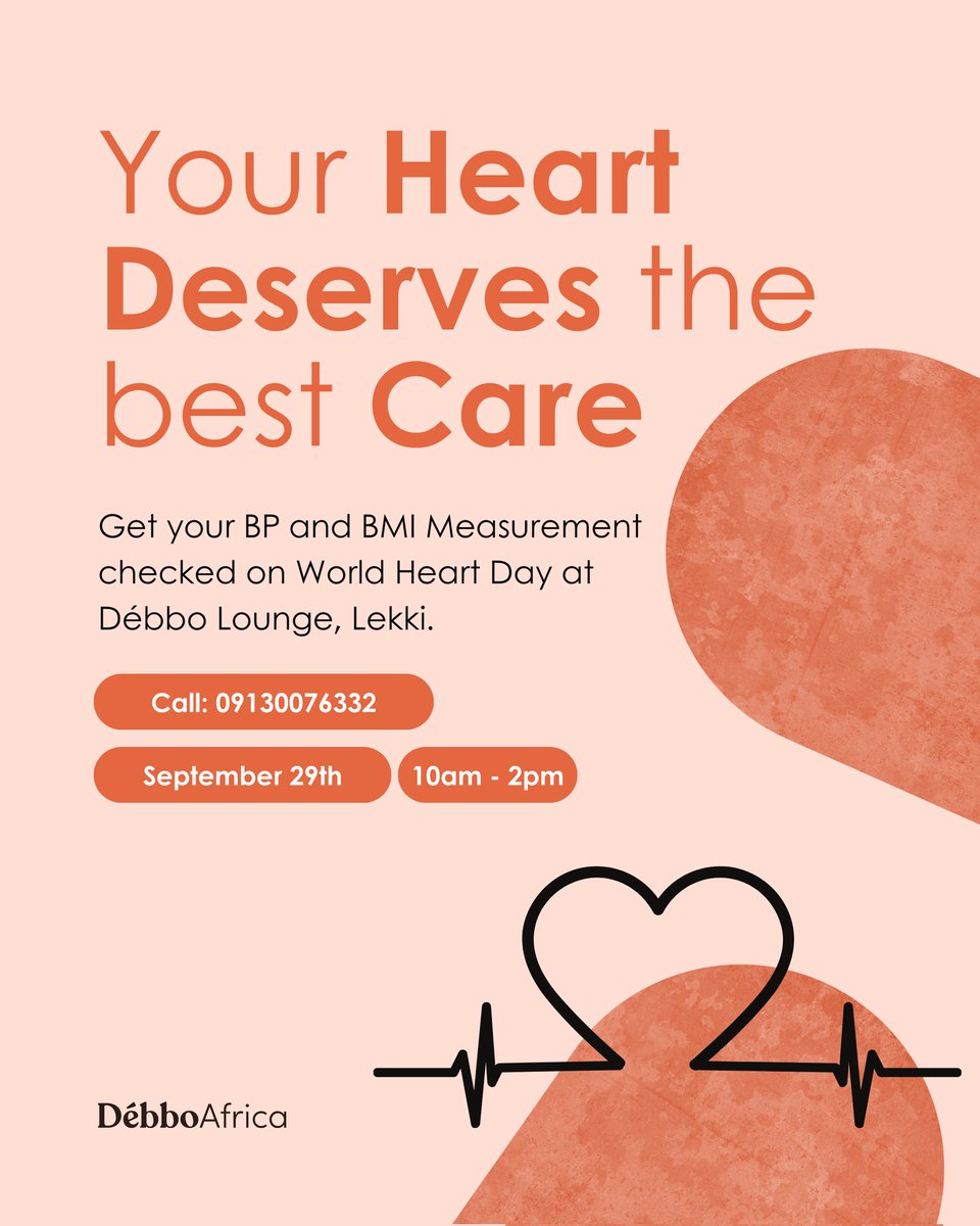 Embrace World Heart Day with a free Bp and BMI Measurement checkup on 29th of September. 

Don't miss this opportunity to care for your heart!

💜🩺 #worldheartday #empoweryourhealth #heartcare #hearthealthmatters #togetherwecare #women'shealth #healthawareness #DébboTribe #lagos