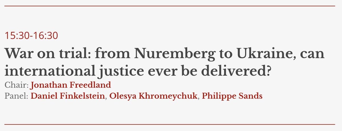 I will be speaking at this year's @clivedenlitfest alongside @philippesands, @Dannythefink & @Freedland. 'War on trial: from Nuremberg to Ukraine, can international justice ever be delivered?' | 30th Sep | 15:30 Full programme : clivedenliteraryfestival.org/programme-2023/ #clivedenlitfest2023