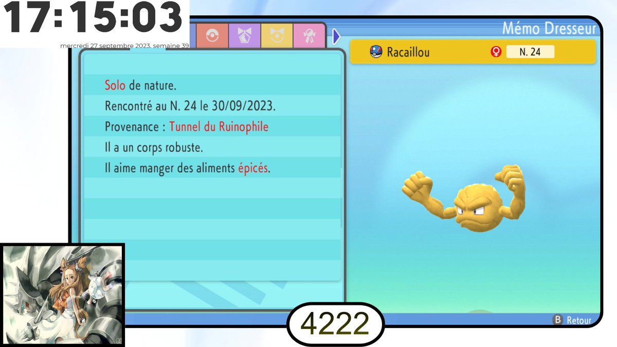 [29] Racaillou Shiny qui tombe en 4222 Rencontre au tunnel du Ruinophile. C'était pas la cible principale mais il valide quand même le 6eme Badge de La ligue d'Orion ! 
Elle s'appelle Nâdiya parce que c'est un Roc un peu