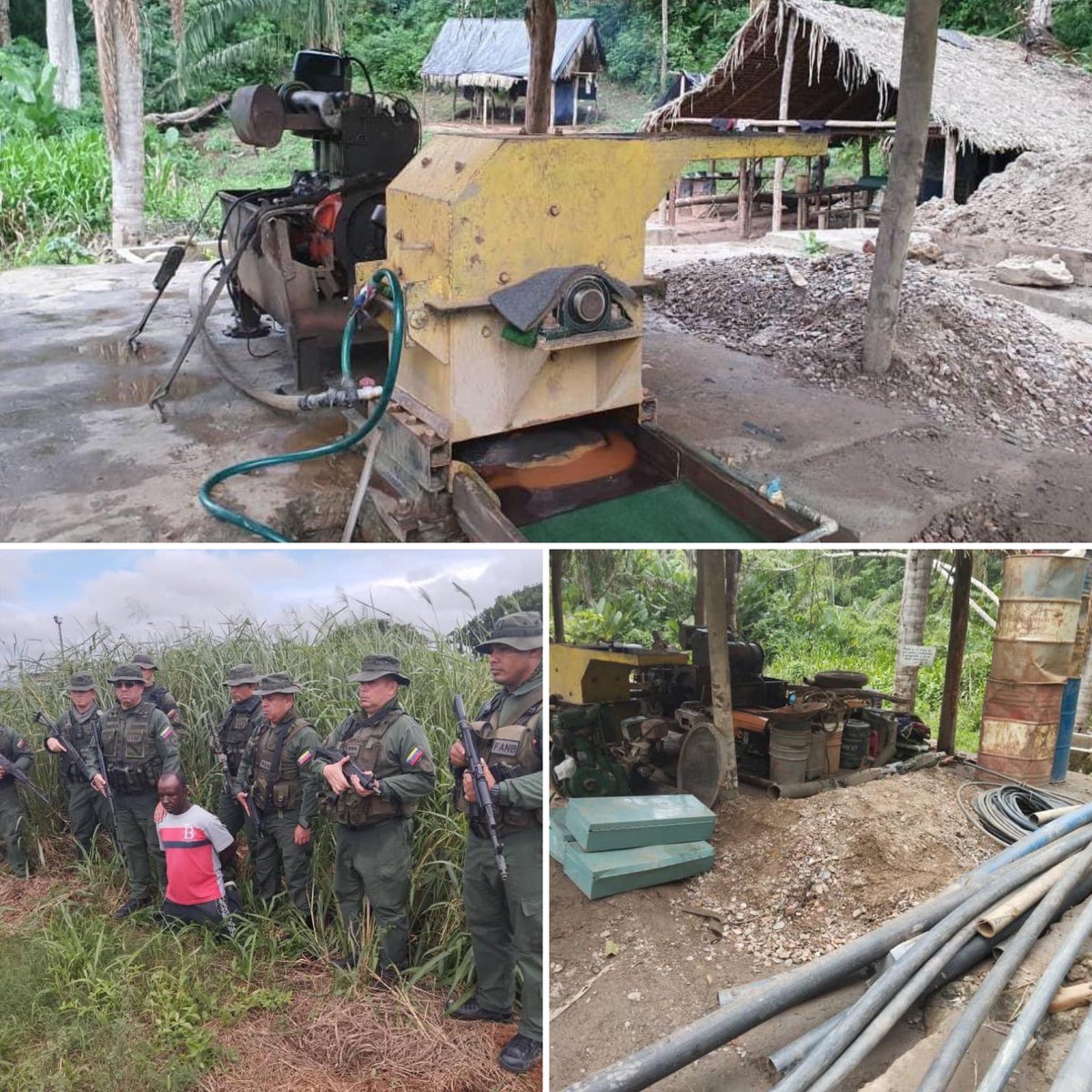1/4🔁 En operaciones de seguridad ciudadana, patrullaje y reconocimiento, en el Sector Agua Linda del municipio Libertador, estado Carabobo, #FANB detectó y desmanteló un campamento de minería ilegal en coordenadas 9°59'36''N / 68°06'09''O.