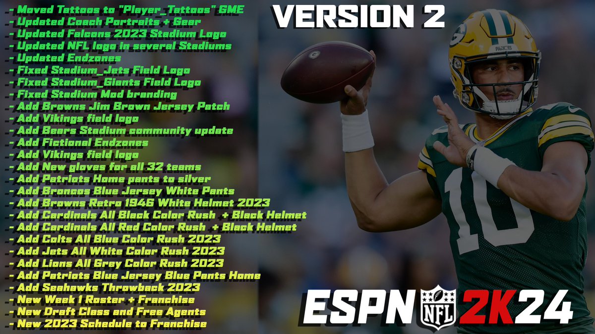 Here's what's coming to NFL 2K24 v2 this Thursday. The biggest one likely being the Week 1 roster and franchise.

#nfl2kmod #nfl2k24