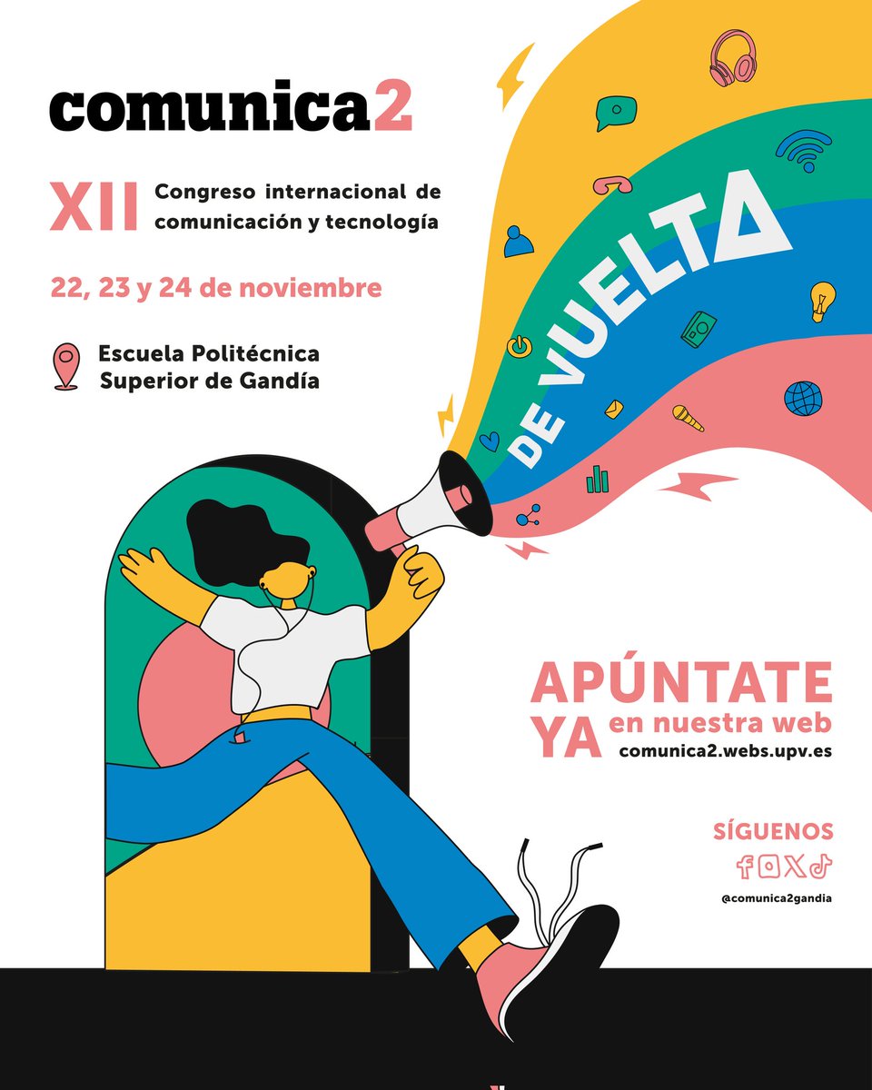 ¡Estamos #devuelta!🎉 ¿Nos habéis echado de menos? Nosotros a vosotros sí. Por eso, del 22 al 24 de noviembre de 2023 te hemos preparado un programa de ponencias hecho a tu medida para que sigas conectado.

¡Regístrate en nuestra web comunica2.webs.upv.es  para no perdértelo!🙌🏼