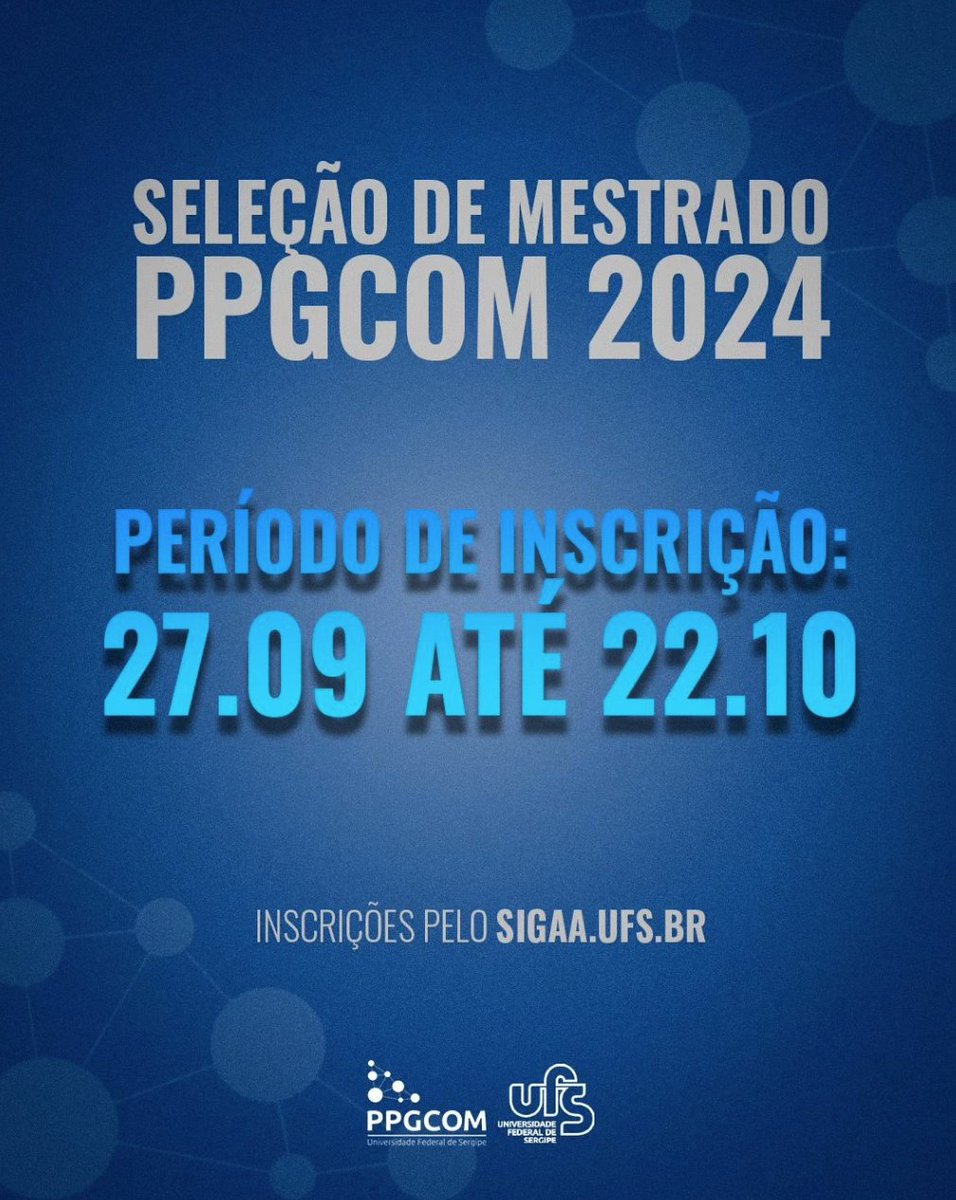 Leopastor's tweet photo. O Programa de Pós-Graduação em Comunicação da UFS – do qual faço parte agora como docente permanente – está com inscrições abertas para seleção de mestrado para 2024. https://t.co/WzDZZdsxSS