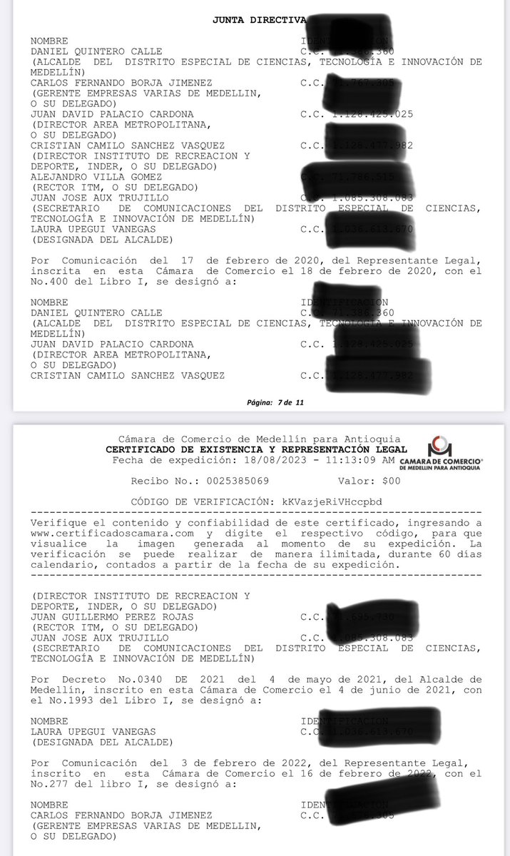 Tyche78Tyche's tweet photo. Cuál es la neutralidad, imparcialidad y falta de direccionamiento por parte de un canal como Telemedellín que en su junta directiva conserva como miembro a la hermana del candidato Juan Carlos Upegui, Laura Upegui Vanegas, prima de la gestora…se supone que no ejerce su derecho al voto en las decisiones del canal? O cómo debemos entender su participación en la junta? 🤷‍♀️como puede verse en el extremo inferior derecho de esta página del rut de Telemedellín aportado al contrato que reposa en el secop suscrito con la secretaría de comunicaciones, la emisión del mismo es muy reciente (agosto 9) y no hay retiro de Upegui Vanegas registrado, como tampoco de Juan José Aux, quien maneja la campaña de Juan Carlos Upegui, mientras continúa en la junta de Telemedellín y se pasea en el Congreso con su candidato🤬adjunto además imagen del certificado de existencia y representación de la entidad aportado dentro del mismo proceso🙄