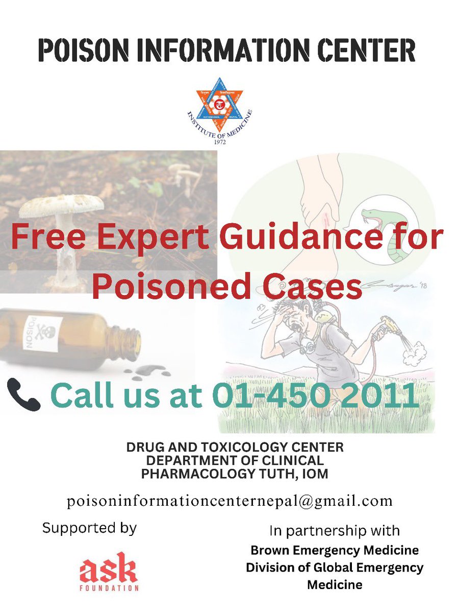 Ramu Kharel, MD, MPH (@namaste_doc) on Twitter photo We have opened the first institution based poison information center in Nepal and is now active. Healthcare providers across Nepal can call to get expert help on poisoning cases. #nepal <a href="/acmtmedtox/">American College of Medical Toxicology</a> <a href="/mohpnep/">Ministry of Health & Population, Nepal</a> <a href="/ZiadKazzi/">Ziad Kazzi, MD, FACMT, FAACT, FAAEM, FACEP</a> <a href="/WHONepal/">WHO Nepal</a> <a href="/Brown_Emergency/">Brown Emergency Medicine</a>
<a href="/brown_global_em/">Brown Univ Division of Global Emergency Medicine</a> <a href="/BrownEMRes/">Brown EM Residency</a> We have opened the first institution based poison information center in Nepal and is now active. Healthcare providers across Nepal can call to get expert help on poisoning cases. #nepal <a href="/acmtmedtox/">American College of Medical Toxicology</a> <a href="/mohpnep/">Ministry of Health & Population, Nepal</a> <a href="/ZiadKazzi/">Ziad Kazzi, MD, FACMT, FAACT, FAAEM, FACEP</a> <a href="/WHONepal/">WHO Nepal</a> <a href="/Brown_Emergency/">Brown Emergency Medicine</a>
<a href="/brown_global_em/">Brown Univ Division of Global Emergency Medicine</a> <a href="/BrownEMRes/">Brown EM Residency</a>