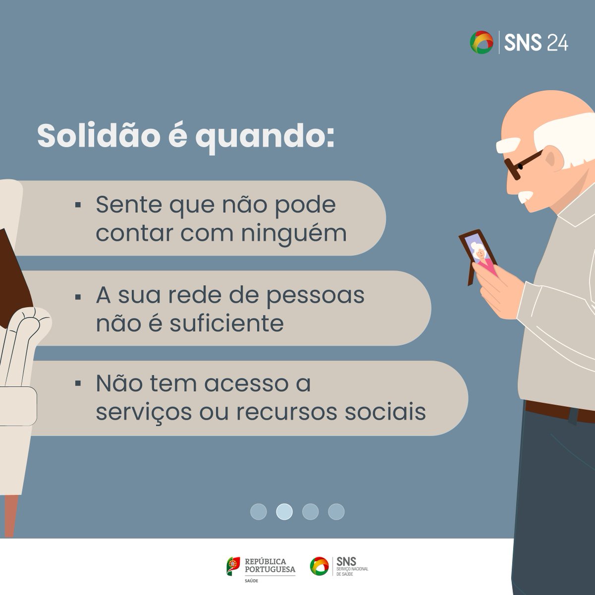 SNS_Portugal's tweet image. A solidão está associada a ausência de contacto, falta de sentimento de pertença e sensação de se estar isolado. Por outro lado, o sentimento de solidão pode interferir com a qualidade de vida das pessoas. Saiba mais no guia do SNS 24: bit.ly/sns24-o-que-é-… #Saúde #SNS #Solidão