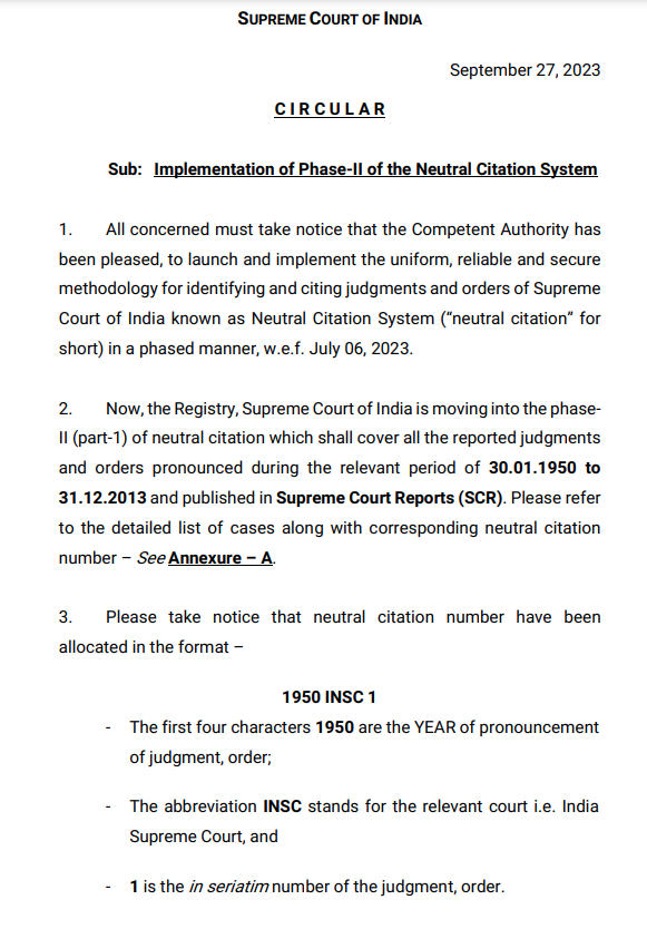 CiteCase's tweet image. #SupremeCourt begins implementation of Phase-II of the Neutral Citation System !

In a circular issued today, it has published a list of 28551 reportable cases (judgments/orders between 1950-2013) along with case name/ neutral citation and SCR citation.

Everyone must download…