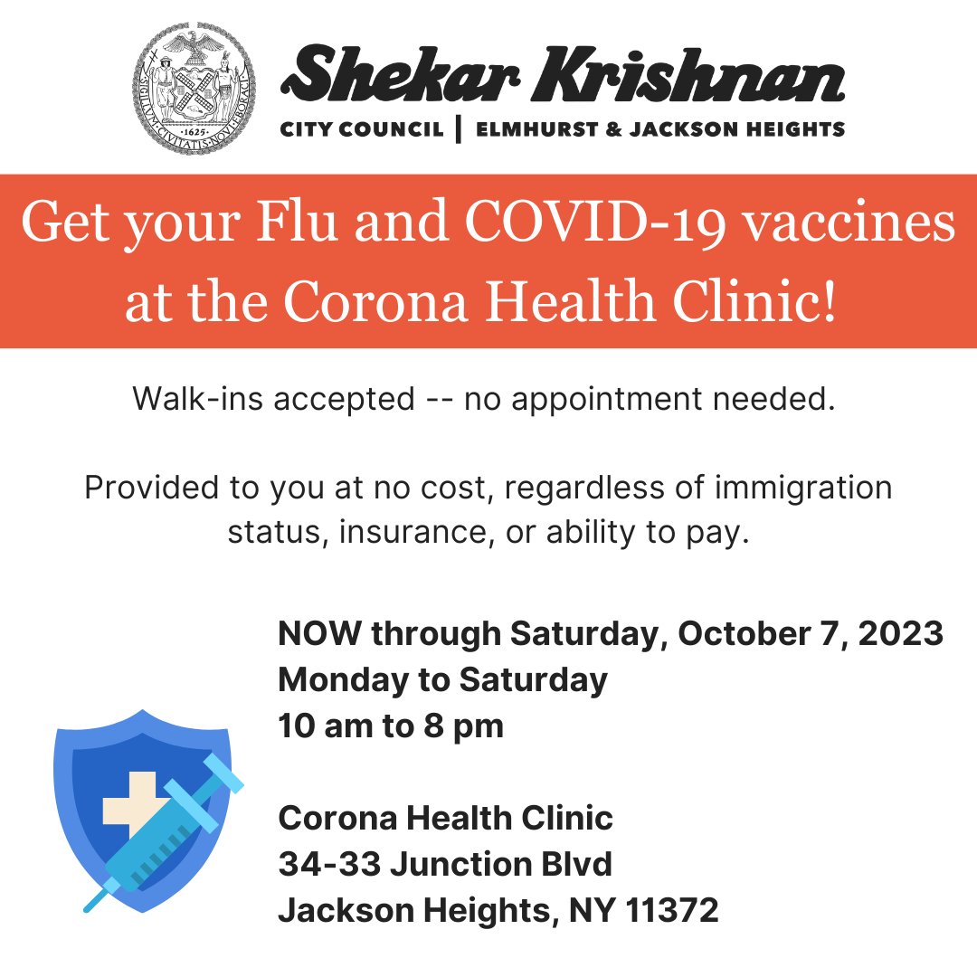 Get your Flu and COVID-19 vaccines at the Corona Health Clinic! 

NOW through Saturday, October 7th, 2023 

Please see the flyer for full details.