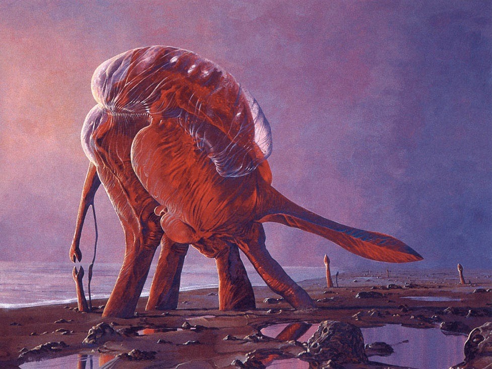 afrocosmist's tweet photo. more alien creatures by wayne barlowe from "expedition": daggerwrist, sac-back, rimerunner, &amp; eosapien https://t.co/KC0KFsSDSH